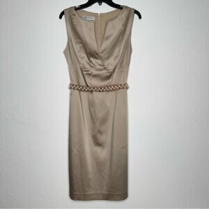 Kay Unger Champagne Satin Embellished Pearl Belt Sleeveless Midi Dress Size 12